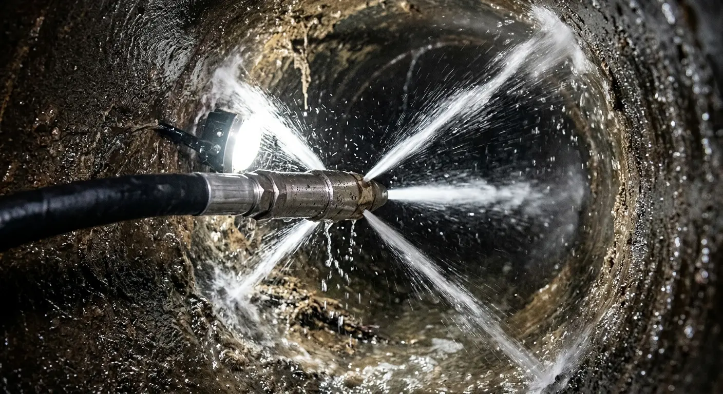 High-pressure hydro jetting nozzle cleaning sewer pipe for Sewer Cleanout in Middleton